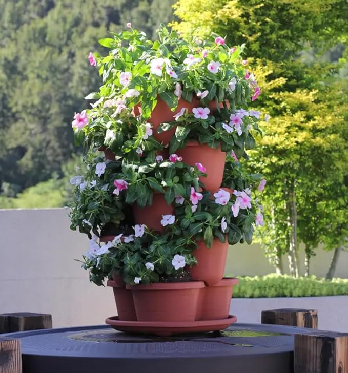 5 Tier Vertical Planters Stackable Gardening Planter for Strawberries, Flowers, Herb and Vegetables, Brick Red