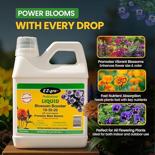 EZ-GRO 10-30-20 Blossom Booster Fertilizer - Liquid Plant Food - Plant Fertilizer is Specially Made for Blooms -1 QT