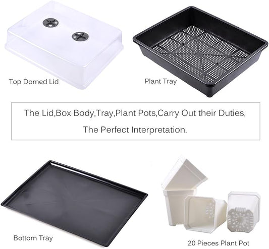 eZAKKA 37x30cm Seed Starter Tray Seedling Starter Kit Planting Propagation Trays Germination Kit Humidity Dome with 20 Pieces Square Seed Starter Pots (White Pots)