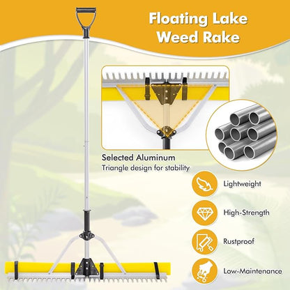 IRONMAX Lake Rake, 36’’ Folding Aluminum Aquatic Weed Rake Weed Cutter with Foam Floats, Extended Handle & Rope, Weed Rake for Algae Removal Plant Cutting