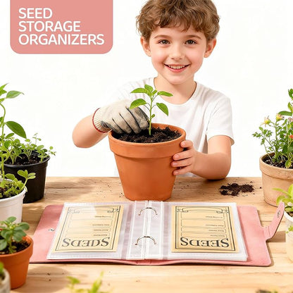Seed Storage Organizer Binder, Leather Seed Sleeves Binder with 50 Pack Seed Envelopes, Garden Seeds Storage Organizer, Vegetable Seed Saver, Flower Seed Keeper, Pink, 3.1 x 4.7 Inch Seed Envelopes