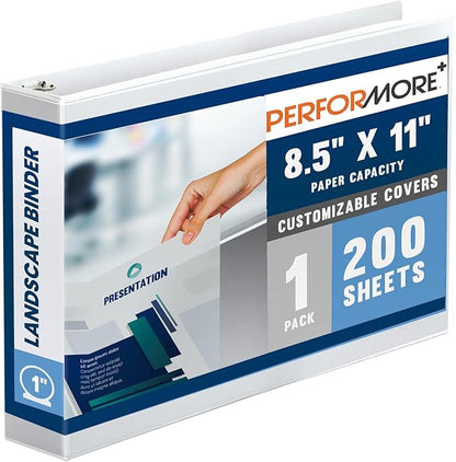 Performore - 8.5" X 11" Landscape View Binder, 3-Ring-Binder 1" Capacity Round Ring, White Horizontal Formatted with Clear Cover Pockets, Perfect for Documents, Projects and More