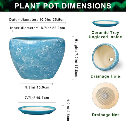 Indoor Plant Pots 10 Inch - Ceramic Planter for Outdoor Plants, Decorative Round Planter with Drainage Hole and Saucer, Flower Pots Outdoor, Apartment Decor, House Warming Gift, Bubble Blue