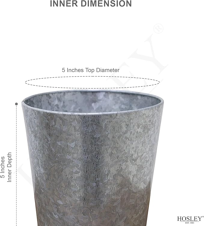 Hosley Set of 3 Galvanized Finish Bucket/Pots with PVC Liner 5" Dia x 4.75" H Ideal Gift for Floral Arrangements Wedding Home Office Party DIY Indoor Outdoor Garden Patio
