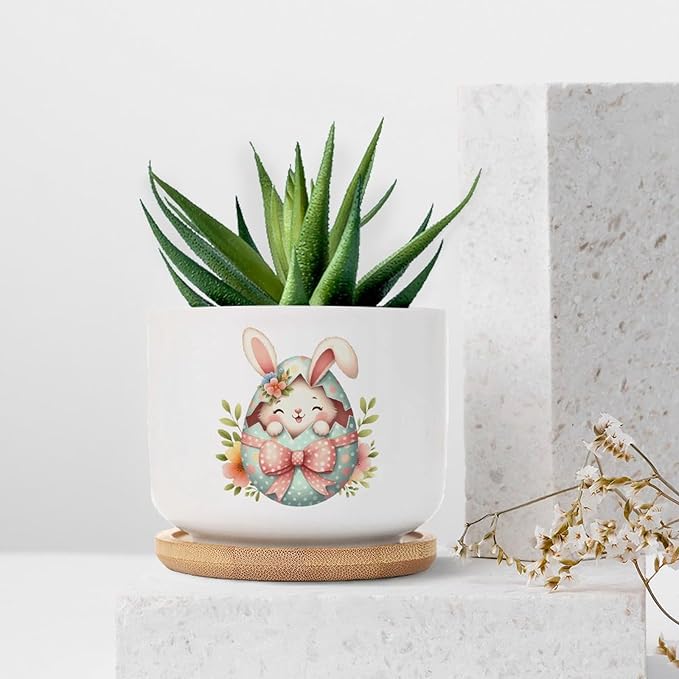 DreamAutumn Easter Bunny Peeking Ceramic Pots for Plants with Drainage Holes Round Flower Pot Bamboo Tray Orchid Pot Succulents Pots for Outdoor Indoor Plants