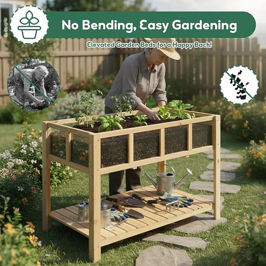 PetsCosset Raised Garden Bed with Legs, Elevated Planter Box Stand with Storage Shelf & Observation Panels for Backyard, Patio, Balcony, No Bending Design (Natural Wood)