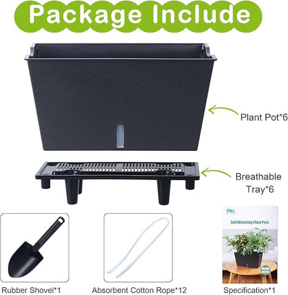 Window Box Planter 6 Pcs, 12.1 Inches Self Watering Plant Pots Rectangle Flower Pots with Drainage Holes and Breathable Trays, Vegetable Planters for Windowsill Patio Garden Balcony Porch Yard (Black)