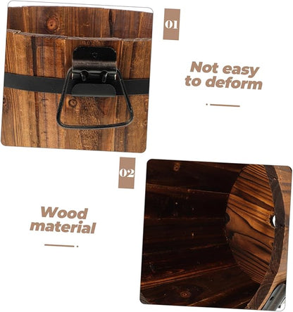 DOITOOL Wooden Barrel Planter 10.2 Inch Round Whiskey Barrel Flower Pot Rustic Wooden Flower Bucket with Handle for Indoor Outdoor Garden Balcony