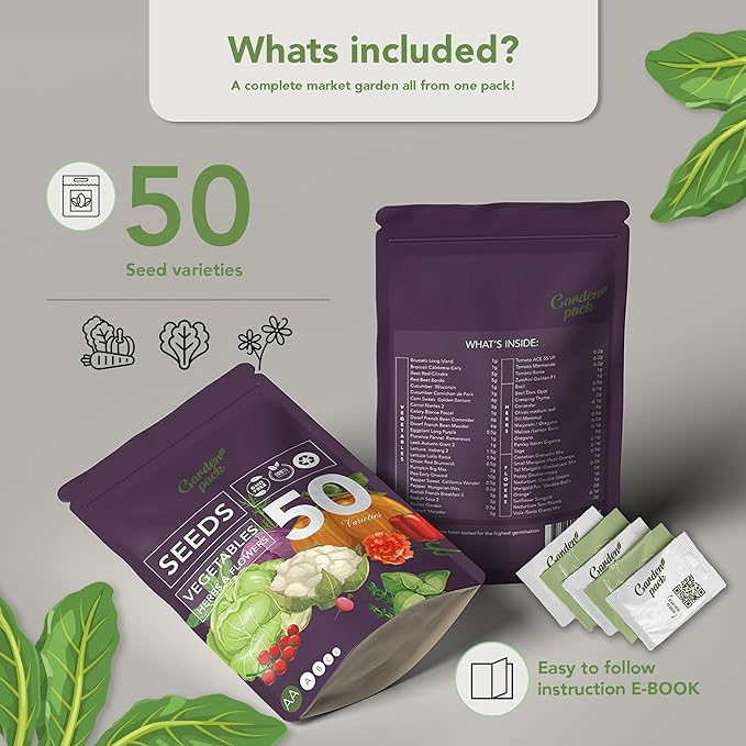 Garden Pack Vegetable Seeds Pouch - 50 Varieties of Vegetable, Herb & Flower Seeds for Planting - 25,000 Non GMO Heirloom Seeds - Gardening Gifts for Men and Women