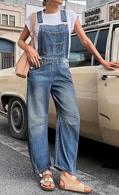 loveimgs Women Y2k Baggy Barrel Jeans Overalls Wide Leg Denim Pants Bib Overalls Jumpsuit Boyfriend Patchwork Jeans