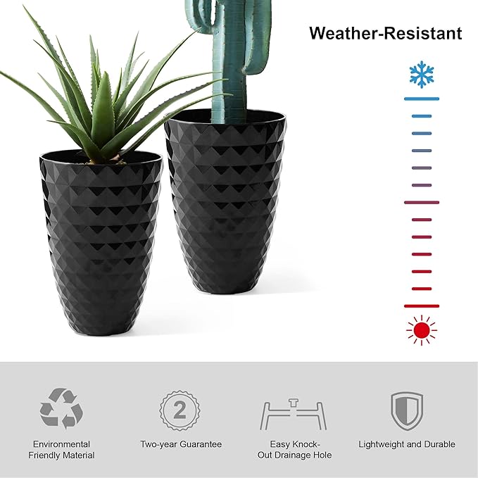 Glitzhome 19.75" H Large Tall Planters for Outdoor, Set of 2 Tall Black Planter with Drainage Holes, Faux Ceramic Diamond Textured Oversized Planters, Decorative Flower Pots for Porch Indoor Garden