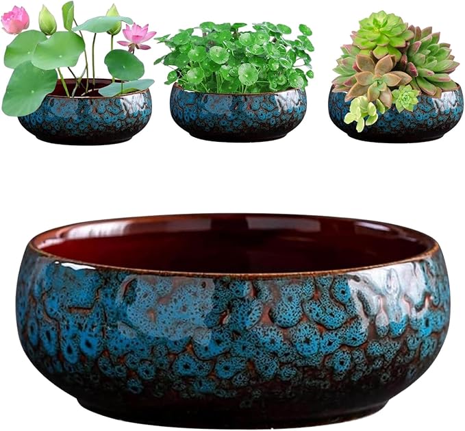 Ceramic Lotus Bowl Planter, Lotus Pots for Water Plants Indoor, Large Caliber Flow Glaze Non-Porous Hydroponic Container, Succulent Pots, Leak-Proof Design (Blue Peacock Pattern) 6.6in*2.7in