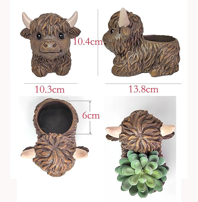 Resin Highland Cow Figurines Succulent Planters Cactus Pot Animal Flower Container Cute Scottish Highland Cow Decor Flower Pot Plants Holder Figurine Decor Calf Statues Gift for Cow Lovers (D, 1PCS)