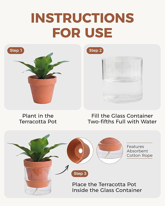 Bamworld Self Watering Pots for Indoor Plants Terracotta Pots Terracotta Planter with Cylinder Glass Cup Clay Flower Pots Ceramic Orchid Pots Modern Office Home Decor 6 Inch