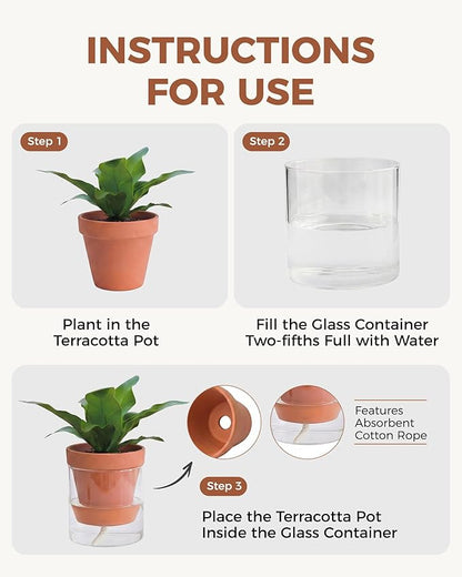 Bamworld Self Watering Pots for Indoor Plants Terracotta Pots Terracotta Planter with Cylinder Glass Cup Clay Flower Pots Ceramic Orchid Pots Modern Office Home Decor 6 Inch