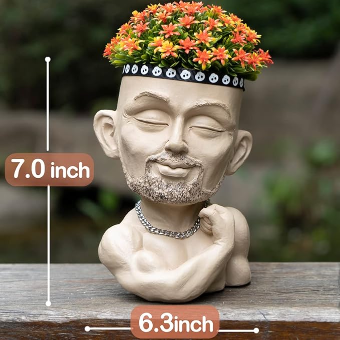 Unique Plant Pots Face Planters, Funny Plant Pots Head Planter, Men Face Planters Pots Head, Beefcake Face Vase with Drainage Hole (Khaki)