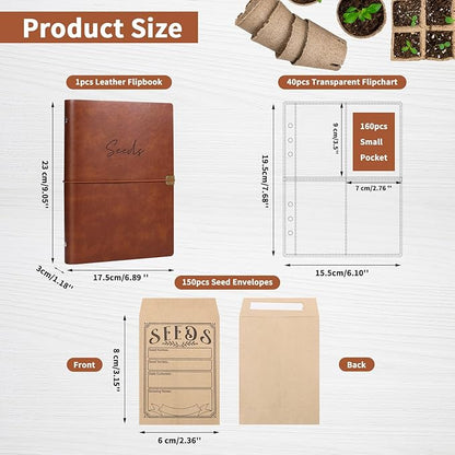 Garden Seed Storage Organizer Binder - 150 Resealable Seed Envelopes Brown Shell with 40 Sheet Protectors for Efficient Seed Packet Organization - Brown