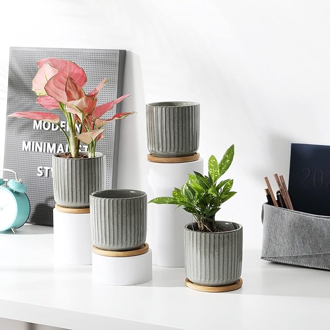 TAMAYKIM 4 Inch Cylinder Ceramic Plant Pots with Drainage Holes & Saucers, Vertical Glazed Green Grey Small Boho Planters with Trays for Indoor Flower, Snake Plants, Succulent, Cactus, Set of 4