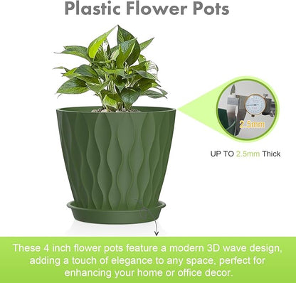 4 inch Small Plastic Nursery Pots, Seedling Pots, 5 Set Water Ripples Plant Pots for Indoor Plants, Flower Pots with Drainage Holes and Saucers, Seed Starter Pots for Succulent, Colorful