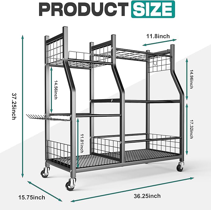EVERHANGER Garden Tool Organizer Stand, Garage Tool Storage Organization, Yard Tool Racks with lockable wheels, Fit for Long-Handled Tools/Rakes/Brooms
