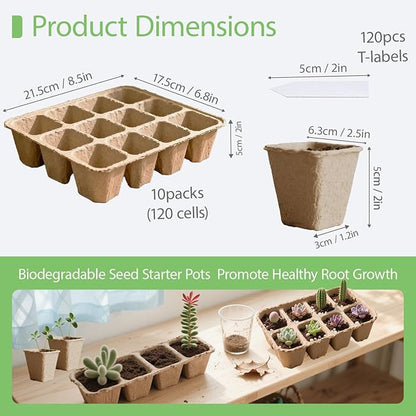 10-Pack Seed Starter Trays – Peat Pots for Seedlings, 120 Biodegradable Seed Starter Pots, Seed Starting Kit with 120 Plant Labels (Large)