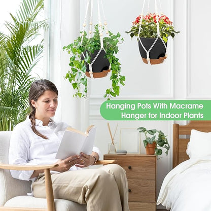 Hanging Planters for Indoor Outdoor Plants, 2 Pack Self Watering Hanging Pots, Hanging Plant Baskets with Drainage Holes & 2 Types of Plant Hangers (Black, 6'')