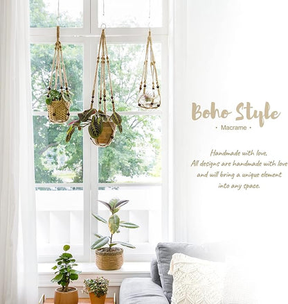 Mkono Macrame Plant Hanger Indoor Hanging Planter Basket with Wood Beads Decorative Flower Pot Holder No Tassels for Indoor Outdoor Boho Home Decor 35 Inch, Brown, Set of 3 (POTS NOT Included)
