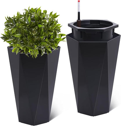 GarveeLife 22.5 in Tall Diamond Planters Set of 2, Self Watering Planters with Water Level Monitor, Flower Pots Outdoor and Indoor for Patio, Porch, Living Room, Home Office, Black