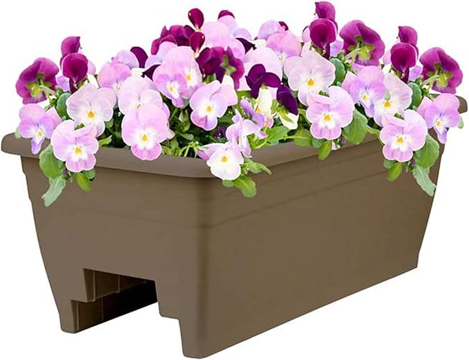The HC Companies 24 Inch Wide Heavy Duty Plastic Deck Rail Mounted Garden Flower Planter Boxes with Removable Drainage Plugs, 4 Pack, Chocolate