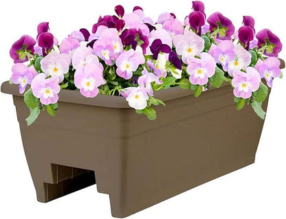 The HC Companies 24 Inch Wide Heavy Duty Plastic Deck Rail Mounted Garden Flower Planter Boxes with Removable Drainage Plugs, 4 Pack, Chocolate