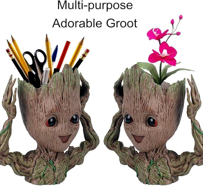 6" Cute Baby Groot Planter Pot, Smile Face Planters Head for Indoor Plant or Funny Pen Holder Flower Pot with Drainage Hole for a Tiny Succulents Plants Home Office Decor Gift Idea