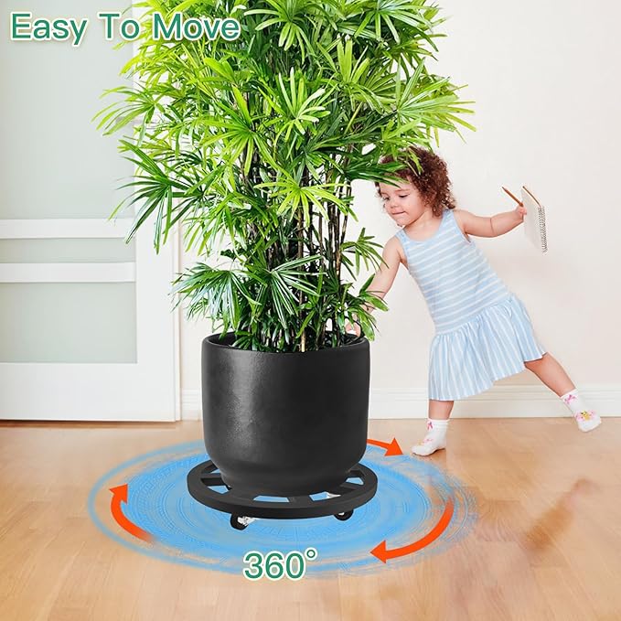 16" Plant Caddy with Wheels, 2 Pack Metal Rolling Plant Stand Round Plant Dolly with Iron Lockable Casters Heavy Duty Pot Mover Rollers