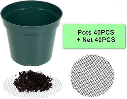 40 Pack 4 Inch Plastic Nursery Pots with Mesh Pad, Thick Sturdy Plastic Plant Pots with Drainage Holes Indoor/Ourdoor Flower Planter Pots, Green