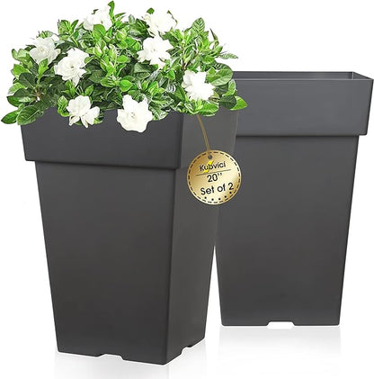 Tall Planters for Outdoor Plants, 20 Inch Movable Drainage Large Outdoor Planter Indoor Planters, Set of 2 Plastic Planters for Front Porch Door Garden Balcony Deck, Dark Gray 20"
