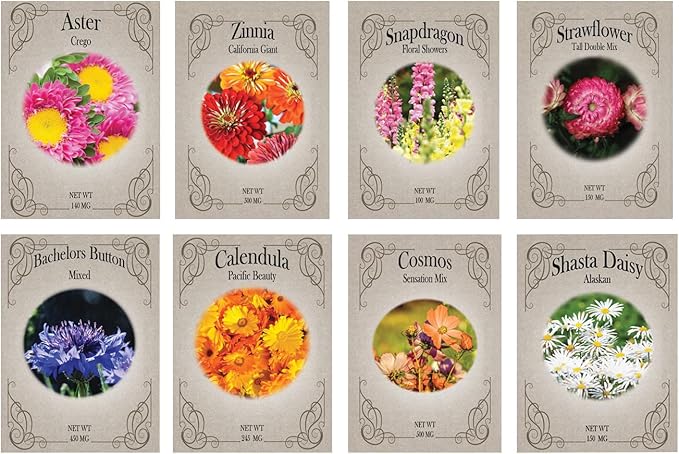 Set of 8 Cut Flower Garden Seed Mix – Grow Stunning Blooms for Bouquets & Floral Arrangements – Non-GMO, Heirloom, High Germination Seeds – Asters, Zinnias, Cosmos, Snapdragons & More