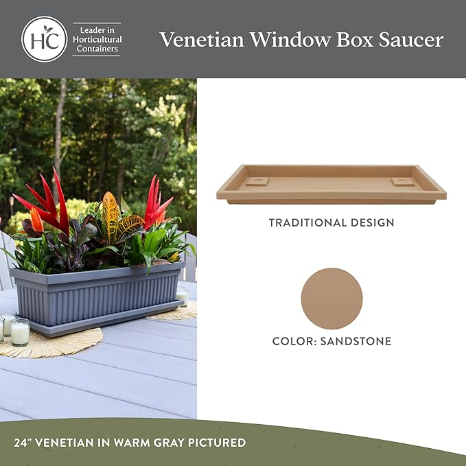 The HC Companies 17.5 Inch Venetian Rectangular Plant Saucer, Lightweight UV-Resistant Plastic Outdoor & Indoor Flower Pot Tray, 2-Pack Plant Pot Trays for Garden & Home Decor, Sandstone