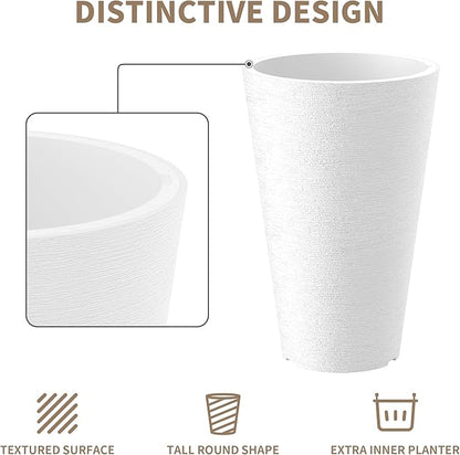 Kante Tall Round Planter Set of 2, 13 Inch Tall Decorative Planter Pots for Outdoor Indoor Garden Patio Front Porch (White)