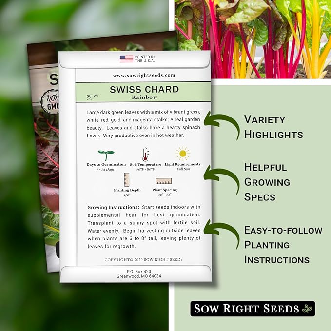 Sow Right Seeds - Rainbow Swiss Chard Seeds for Planting - Non-GMO Heirloom Packet with Instructions to Plant and Grow a Home Vegetable Garden - Nutritious Chard Greens for Cooking (2)