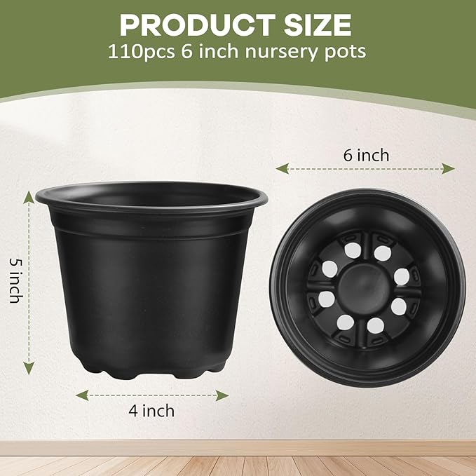4 5 6 Inch Nursery Pots, 110 Packs Plastic Plant Pot with Drainage Hole, Seedling Starter Pots for Succulents (6 Inch)