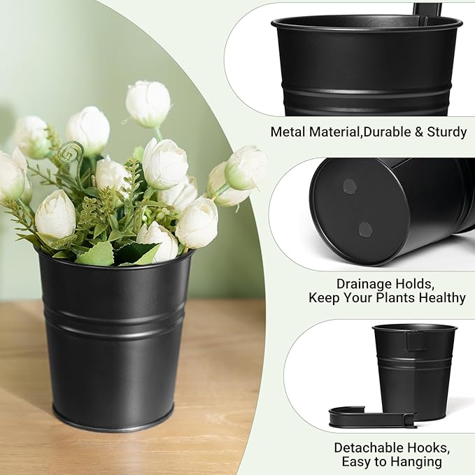 Dahey 10 Pcs Hanging Flower Pots Metal Iron Bucket Planter for Railing Fence Balcony Garden Home Decoration Flower Holders with Detachable Hooks, Black, 4 Inches