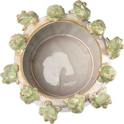 Creative Co-Op Stoneware Planter with Frogs on Rim and Reactive Glaze, Green and White