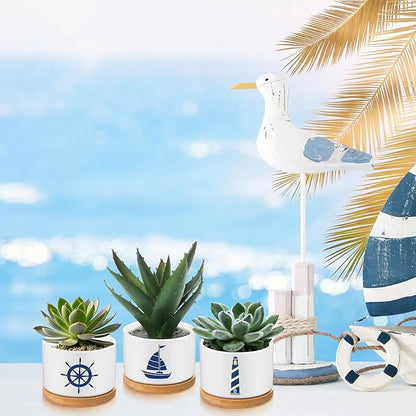 3 Pcs Decor Gift for Women Planter Ceramic Gift Animal Plant Pot with Bamboo Tray for Office Home Farm House Bathroom Kitchen Christmas Decorations (No Plants Included)(Nautical)