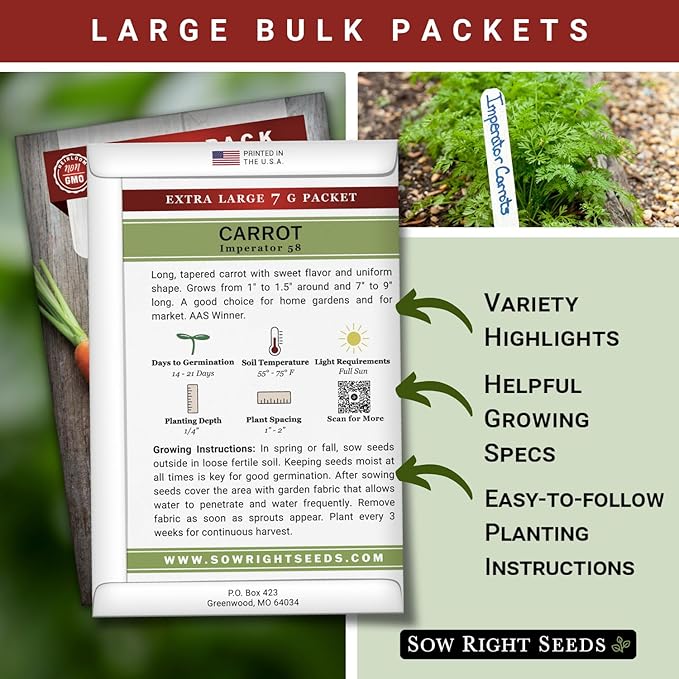 Sow Right Seeds - Bulk Imperator 58 Carrot Seed for Planting - 7 Grams, 6500 Seeds - Non-GMO Heirloom Jumbo Pack with Instructions to Plant a Vegetable Garden - Grow Loads of Bright and Sweet Carrots