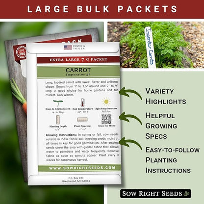 Sow Right Seeds - Bulk Imperator 58 Carrot Seed for Planting - 7 Grams, 6500 Seeds - Non-GMO Heirloom Jumbo Pack with Instructions to Plant a Vegetable Garden - Grow Loads of Bright and Sweet Carrots