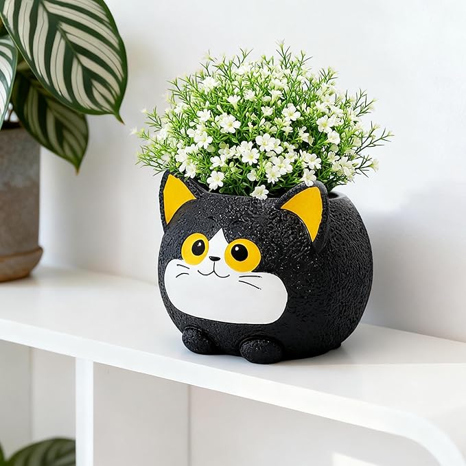 Black Cat Planter Pot - Unique Resin Succulent Planter with Drainage Hole, Funny Cat Plant Pots for Indoor Outdoor Plants, Cute Decorative Flower Pot Gift for Mother and Cat/Plant Lovers