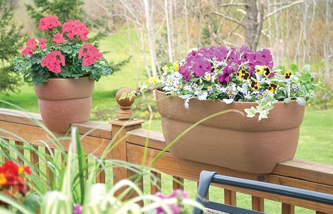 Emsco Group 2435-1 Bloomers Self-Watering 24" Weatherproof Resin 6" Railings – Brown Rain Planter Grow Box, Earth