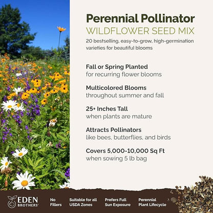 Eden Brothers Perennial Pollinator Wildflower Mixed Seeds for Planting, 5 lbs, 2,400,000+ Seeds with Blue Flax, Coneflower | Attracts Pollinators, Plant in Spring or Fall, Zones