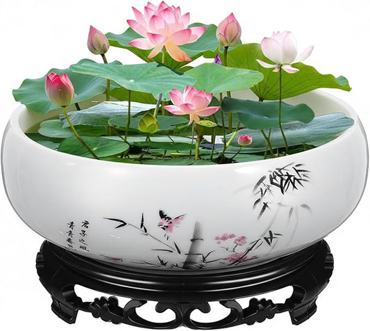 DOITOOL Lotus Bowl Planter, 6.9 Inch Water Lily Bowl Chinese Style Ceramic Lotus Planter, Bonsai Flower Water Lily Pot Hydroponic Pot with Plastic Base