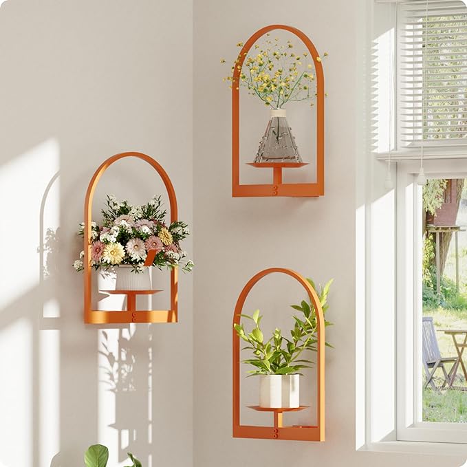 Orange Metal Wall Plant Holder - 3-Pack Wall Mounted Plant Stands and Hanging Holders for Indoor Planter and Flower Pot - Arch Decor Shelf for Plant Storage (Pot Not Included)