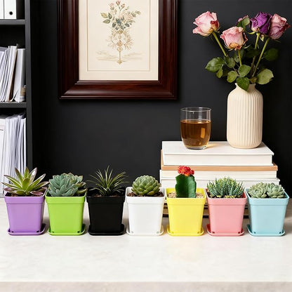 Hedume 70 Pack Mini Plastic Flower Seedling Nursery Pot with Pallet, 3" Colorful Square Plant Pot, Indoor Outdoor Flower Plant Container, Decor for Room, Garden, Office and Balcony (7 Colors)